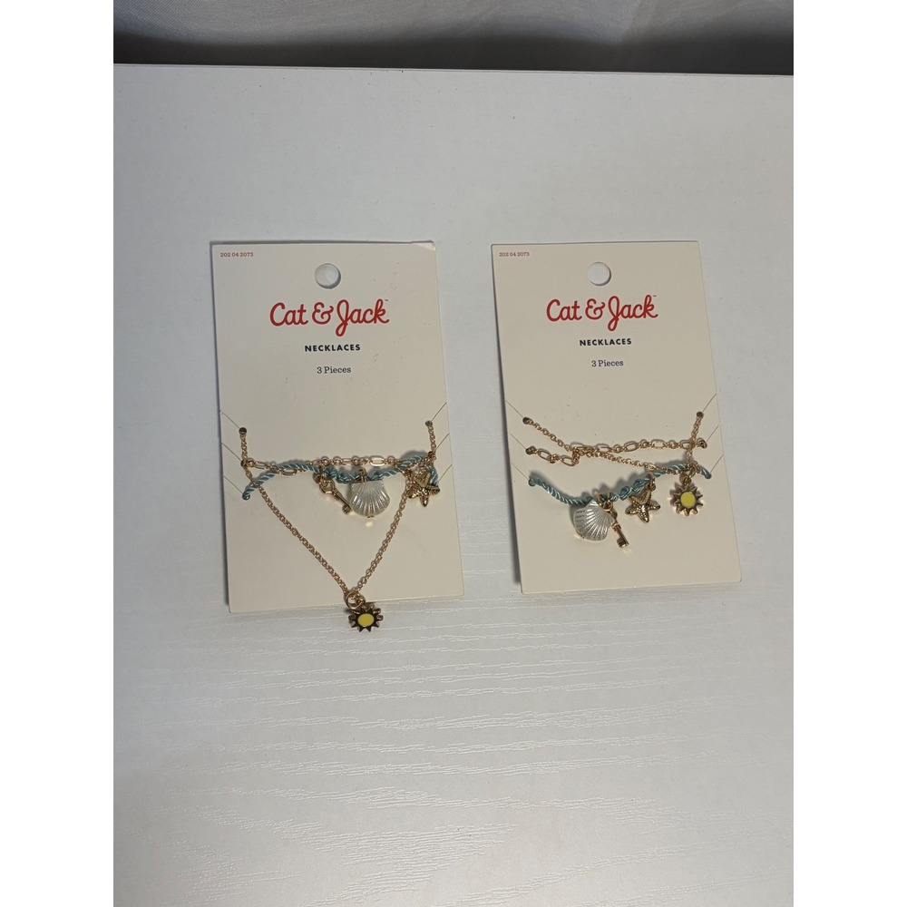 Cat & Jack Kids 3 Piece Necklace Set Beach Theme Shell Starfish Sun Gold 2 Pack
